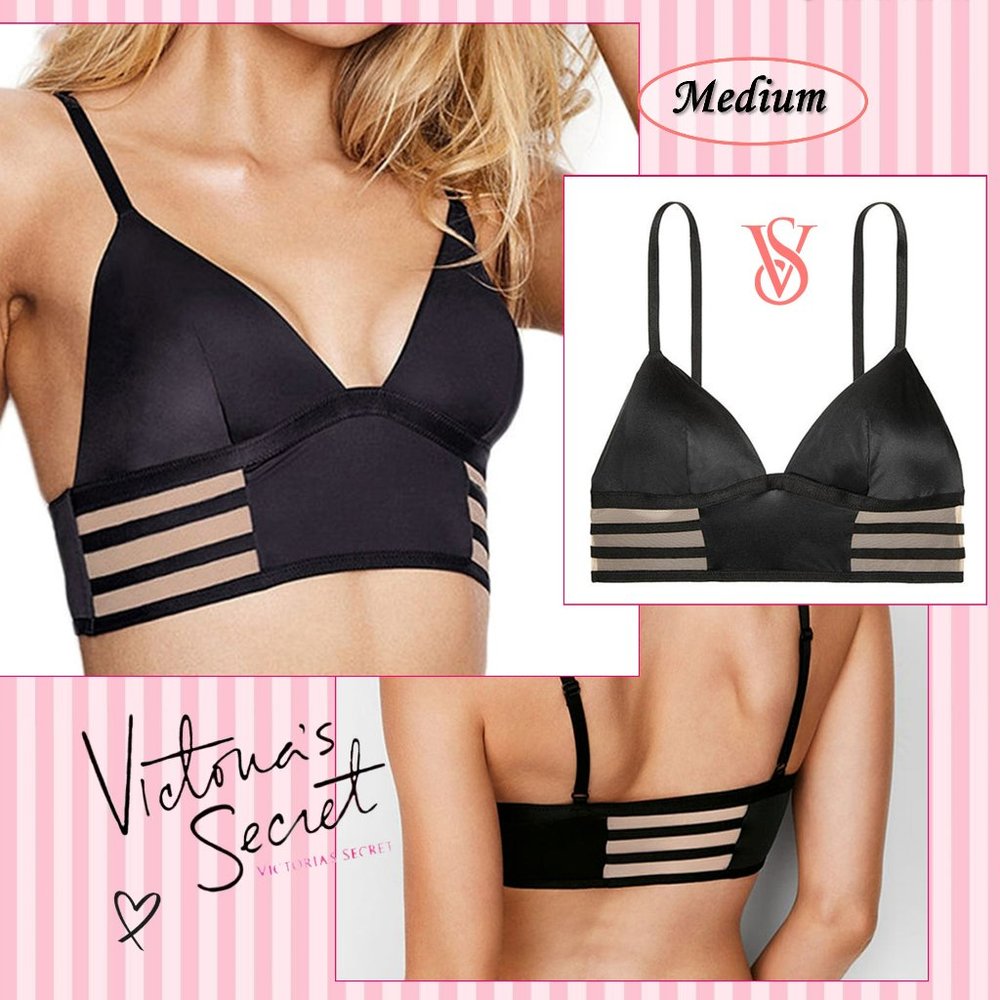 💖 Victoria's Secret Stretchy Satin Long Line Padded Bralette, Medium,Nude&Black